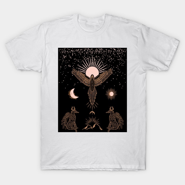 Collection of mythology and mystical illustrations in hand drawn style, fantasy animals, minimal art T-Shirt by Modern Art